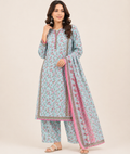 Sky blue floral printed lawn 3 piece suit for women with pink lace trim.