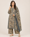 Indigo navy blue printed lawn suit with white contrast dupatta and lace borders.