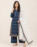 Indigo navy blue printed lawn suit with white contrast dupatta and lace borders.
