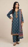 Teal blue printed lawn 3 piece suit with mustard lace and ethnic motifs for women.