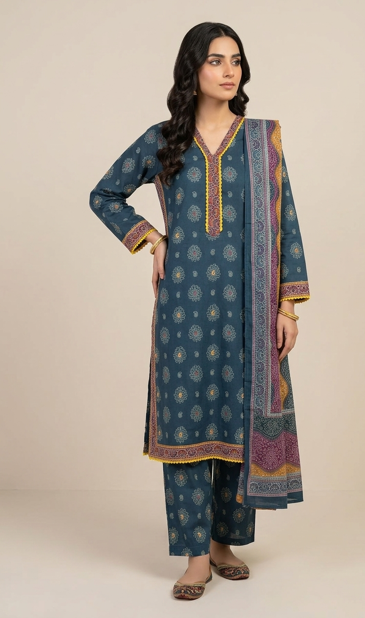 Teal blue printed lawn 3 piece suit with mustard lace and ethnic motifs for women.