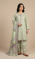 Pastel green floral printed lawn 3 piece suit with matching dupatta for women
