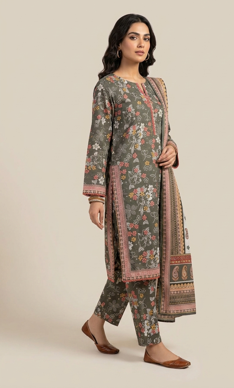 Women’s Charcoal Floral Lawn Suit – Stylish Pakistani 3 Piece Dress