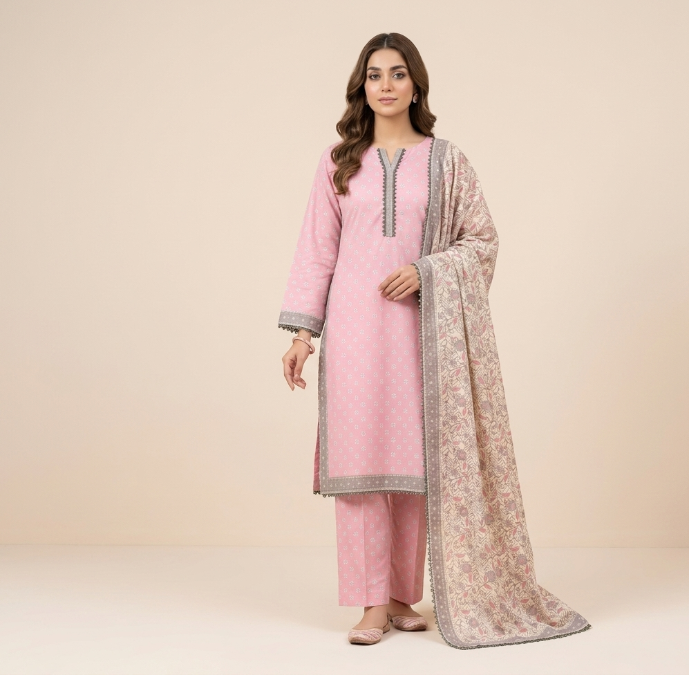 Elegant Pink Printed Lawn 3 Piece Suit for Women