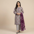 Women's lavender floral printed lawn 3-piece suit with plum purple floral dupatta and grey trousers.