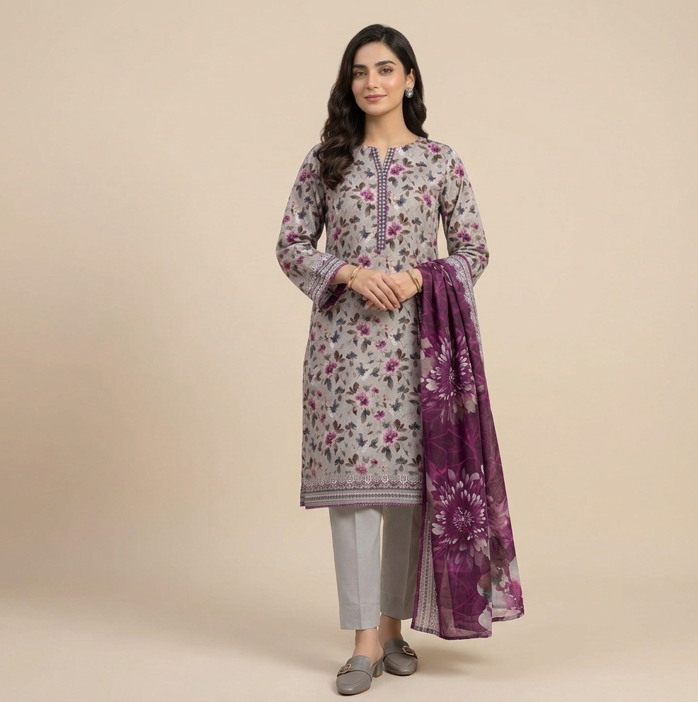 Women's lavender floral printed lawn 3-piece suit with plum purple floral dupatta and grey trousers.