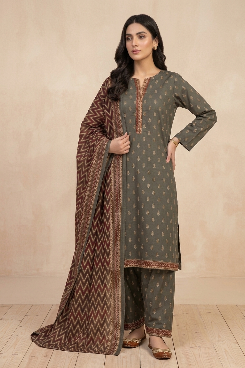 Zahra olive green 3PC lawn suit with minimal print and patterned dupatta for women