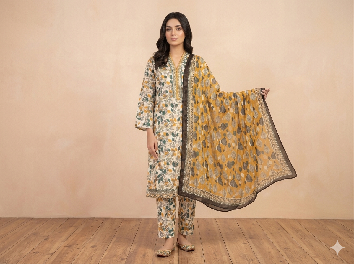 Mustard and beige printed 3PC lawn suit by Zehra with leaf design dupatta