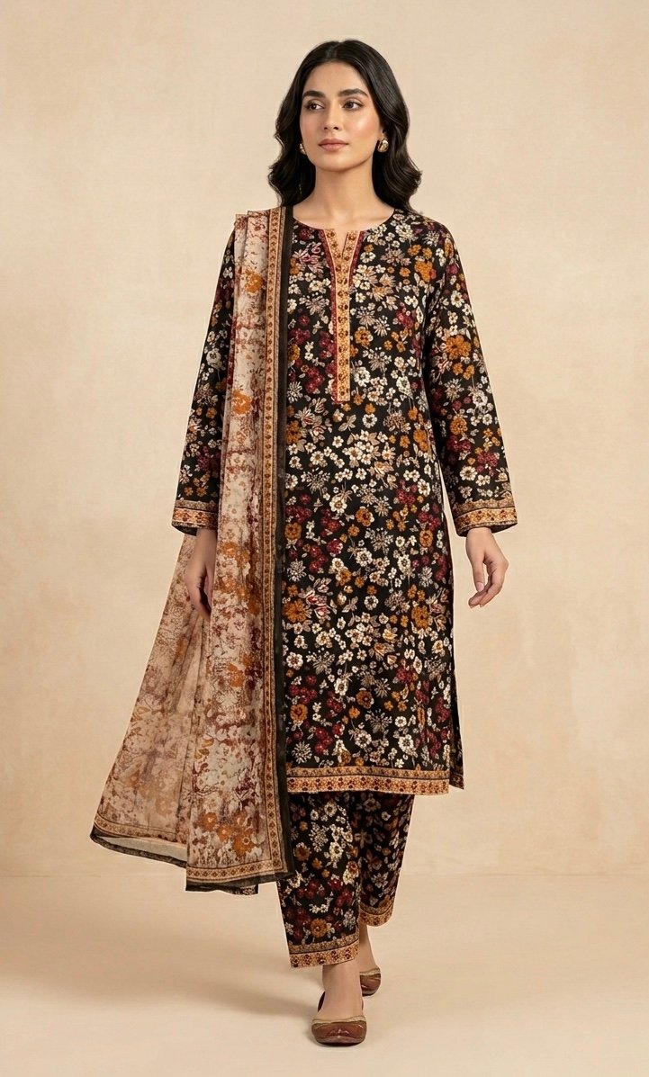 Black floral 3PC lawn suit by Zahra with printed dupatta for women